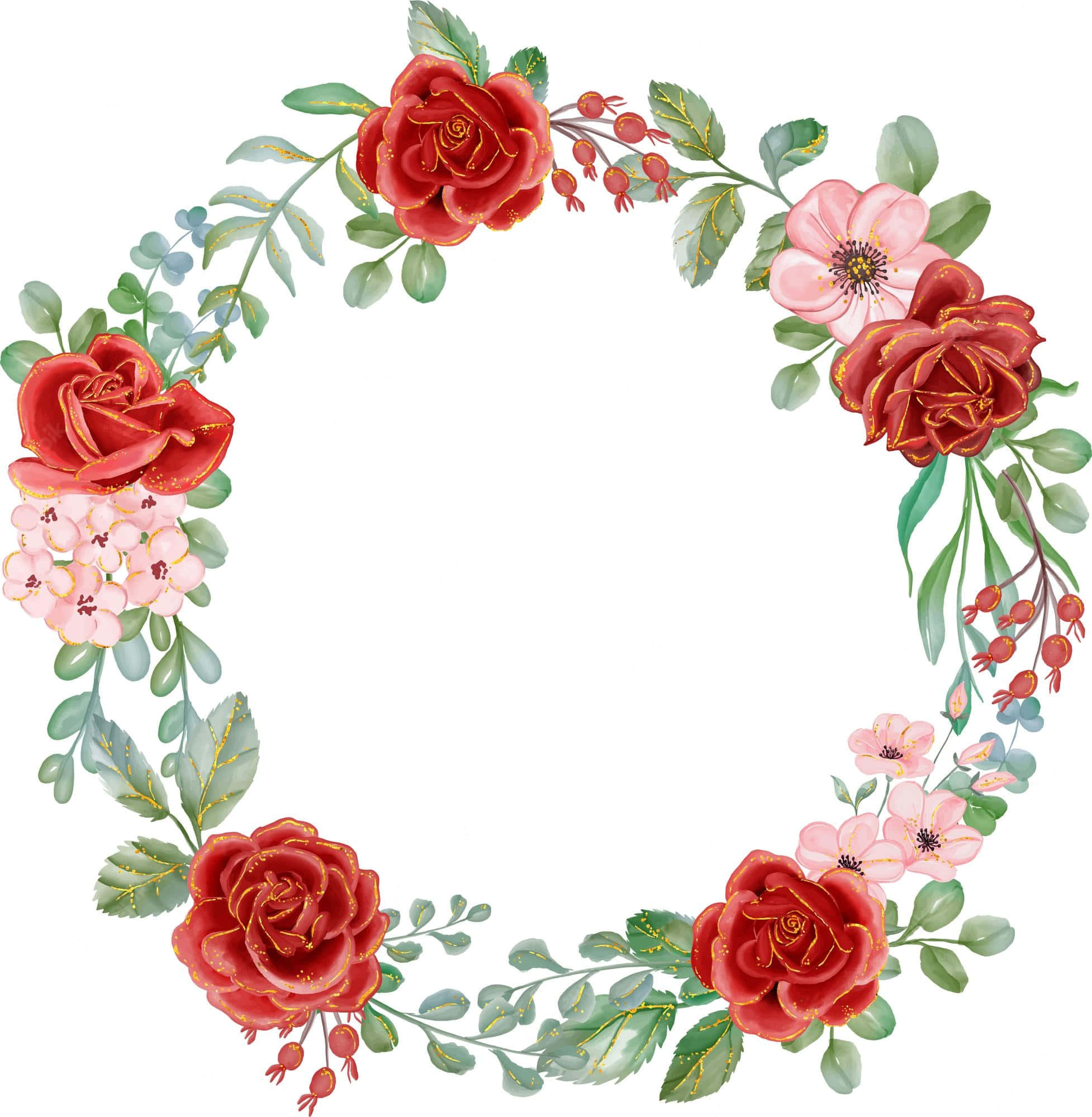 Floral Wreath 桌布 壁紙 — 一個圓形花卉花環，由紅玫瑰、粉紅銀蓮花和綠葉組成，形成優雅的裝飾邊框。