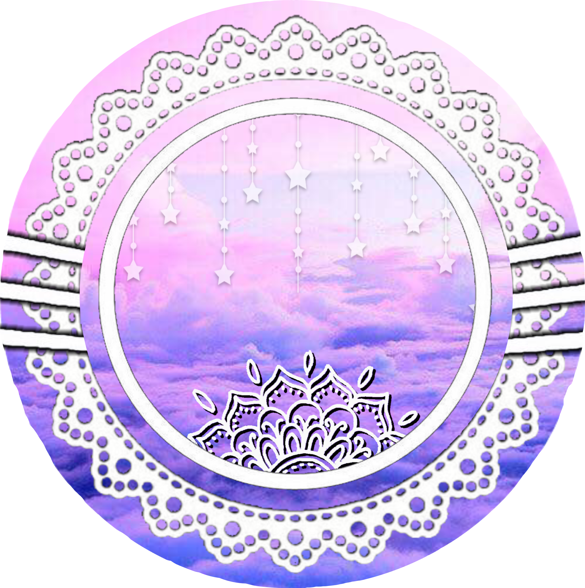 美學 Tumblr 桌布 壁紙 — 一個圓形蕾絲框曼陀羅，帶有懸掛的星星和紫色漸變天空背景。