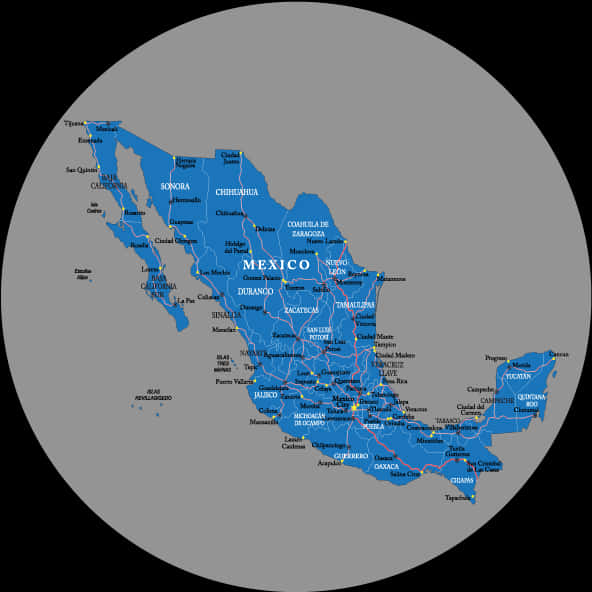 Mapa De Mexico 桌布 壁紙 — 一個圓形藍色墨西哥地圖，灰色背景上標有州和首都。