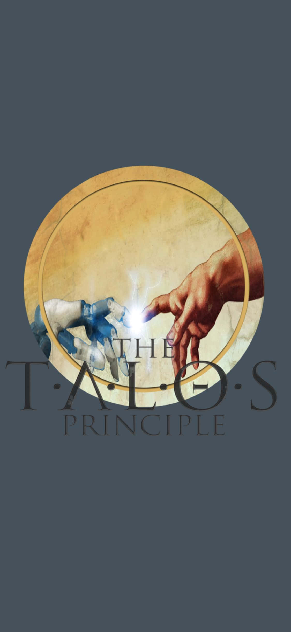 iPhone Xs The Talos Principle 桌布 壁紙 — 一個圓形藝術品描繪了一隻人類的手和一隻機械手互相伸向對方，它們之間有發光的光線，背景是柔和的灰色。