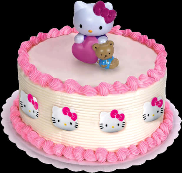 Hello Kitty Birthday 桌布 壁紙 — 一個圓形蛋糕，上面有粉紅色糖霜和Hello Kitty裝飾，頂部有一個拿著泰迪熊的Hello Kitty公仔。