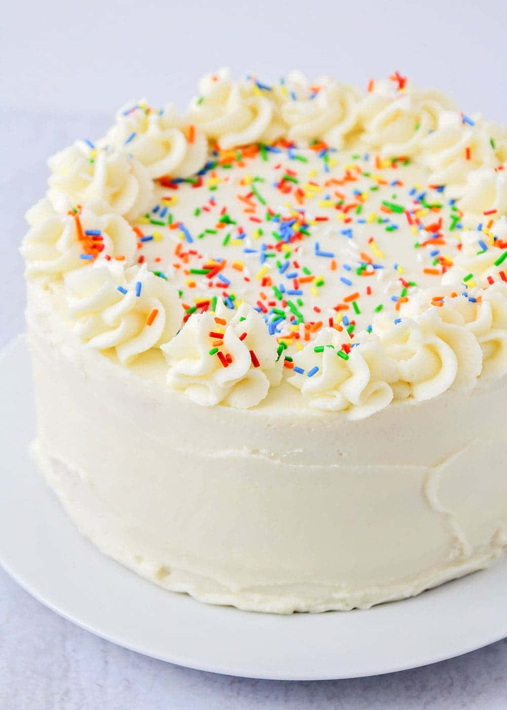 Buttercream 桌布 壁紙 — 一個圓形蛋糕，帶有光滑的白色糖霜和彩色糖粒，放在白色盤子上，背景為淺色。