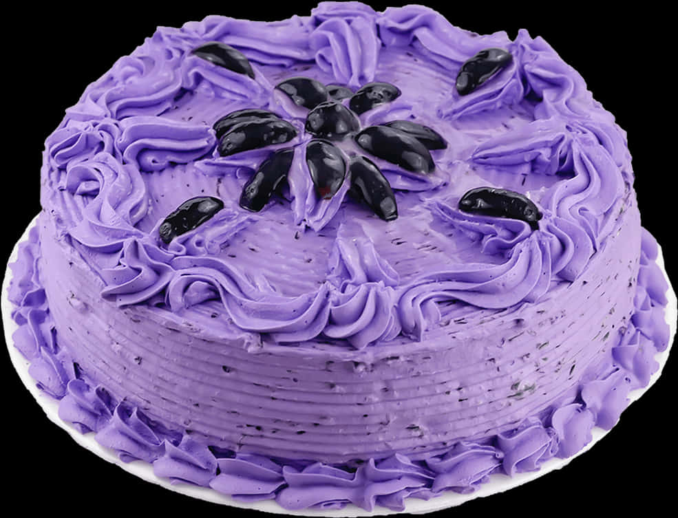 Cakes 桌布 壁紙 — 一個圓形蛋糕，覆蓋著紫色糖霜的漩渦，上面擺放著閃亮的黑莓，形成花卉圖案。