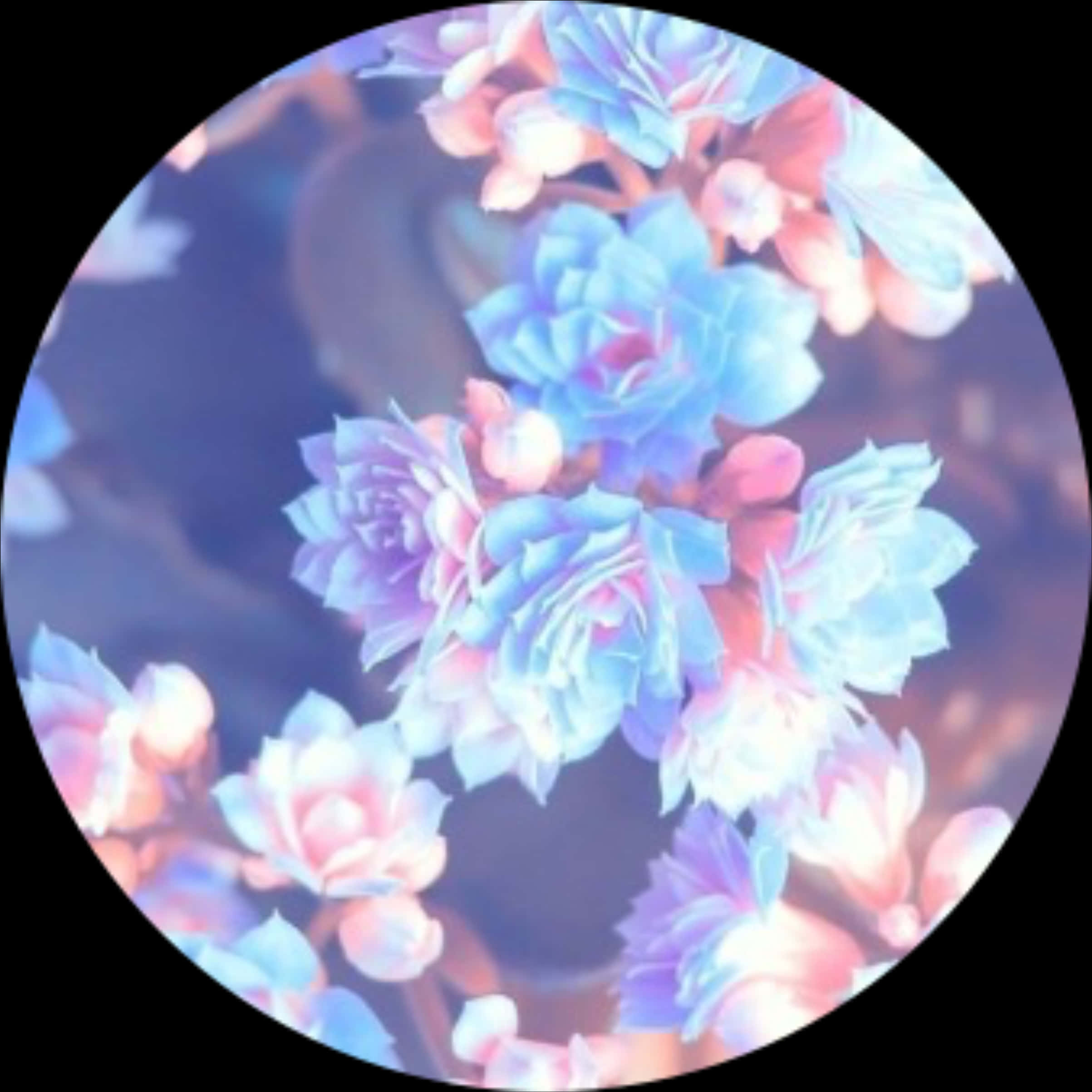 Flowers 桌布 壁紙 — 一個圓形視角，柔和的藍色和粉紅色花朵在模糊的背景前散發著夢幻般的光芒。