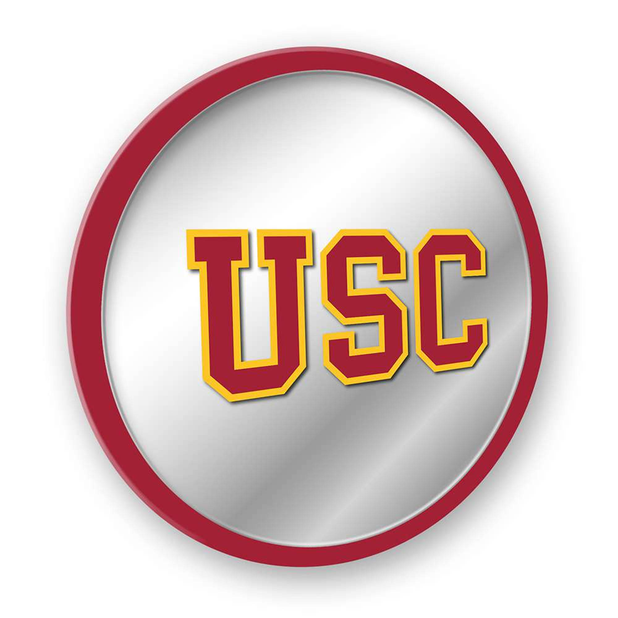 Usc 桌布 壁紙 — 一個圓形金屬徽章，上面有粗體紅色USC字母，以金色勾勒，背景為拉絲銀色。
