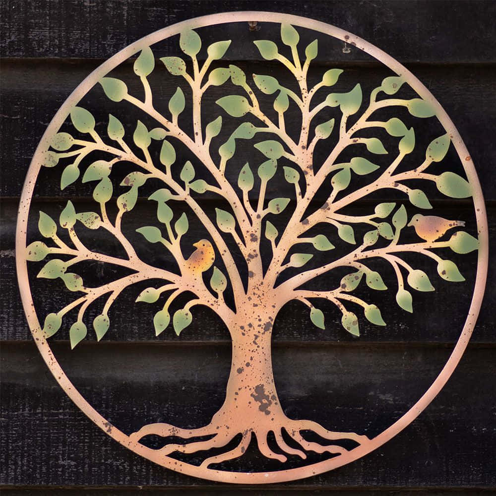 Tree Of Life 桌布 壁紙 — 一個圓形金屬藝術品，描繪生命之樹，兩隻鳥棲息在樹枝上，背景是深色木牆。