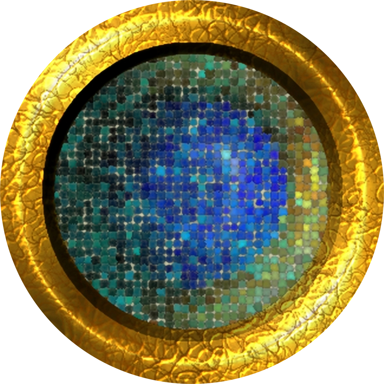Gold Circle 桌布 壁紙 — 一個圓形馬賽克藝術品，由藍色和綠色瓷磚組成，並以帶紋理的金色邊框鑲嵌。