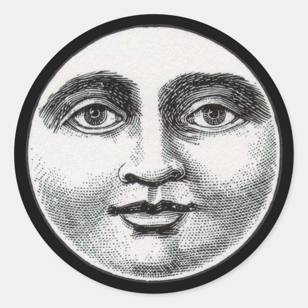 Moon Face 桌布 壁紙 — 一個圓形黑色邊框內，帶有細緻眼睛和嘴唇的寧靜人臉復古雕刻肖像。