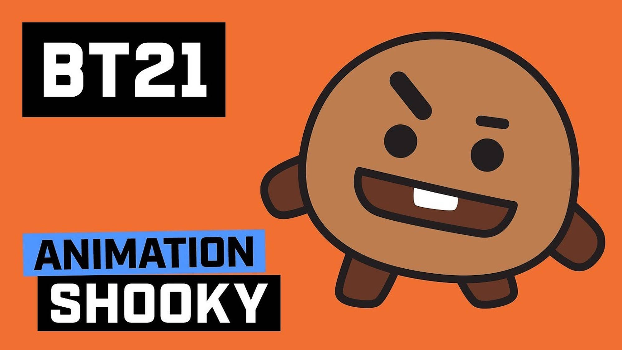 shooky bt21 桌布 壁紙 — 一個圓潤棕色身體、咧嘴大笑的卡通角色，站在純橙色背景前，帶有粗體文字標籤。