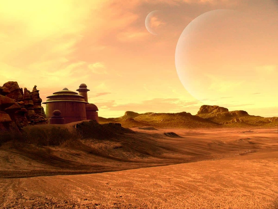 Tatooine 桌布 壁紙 — 一個圓頂外星建築矗立在廣闊的沙漠中，天空中有兩個巨大的月亮，散發著溫暖的橙色光芒。