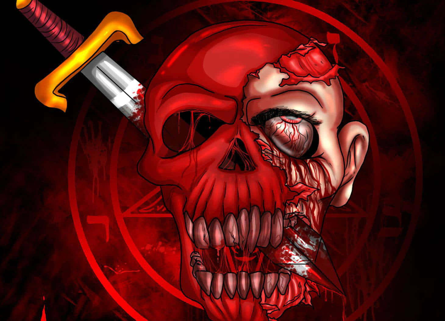 Evil Skull 桌布 壁紙 — 一個圖形數位藝術頭骨，劍刺穿其額頭，一隻充血的眼睛在深紅色神秘圓圈背景中凝視。