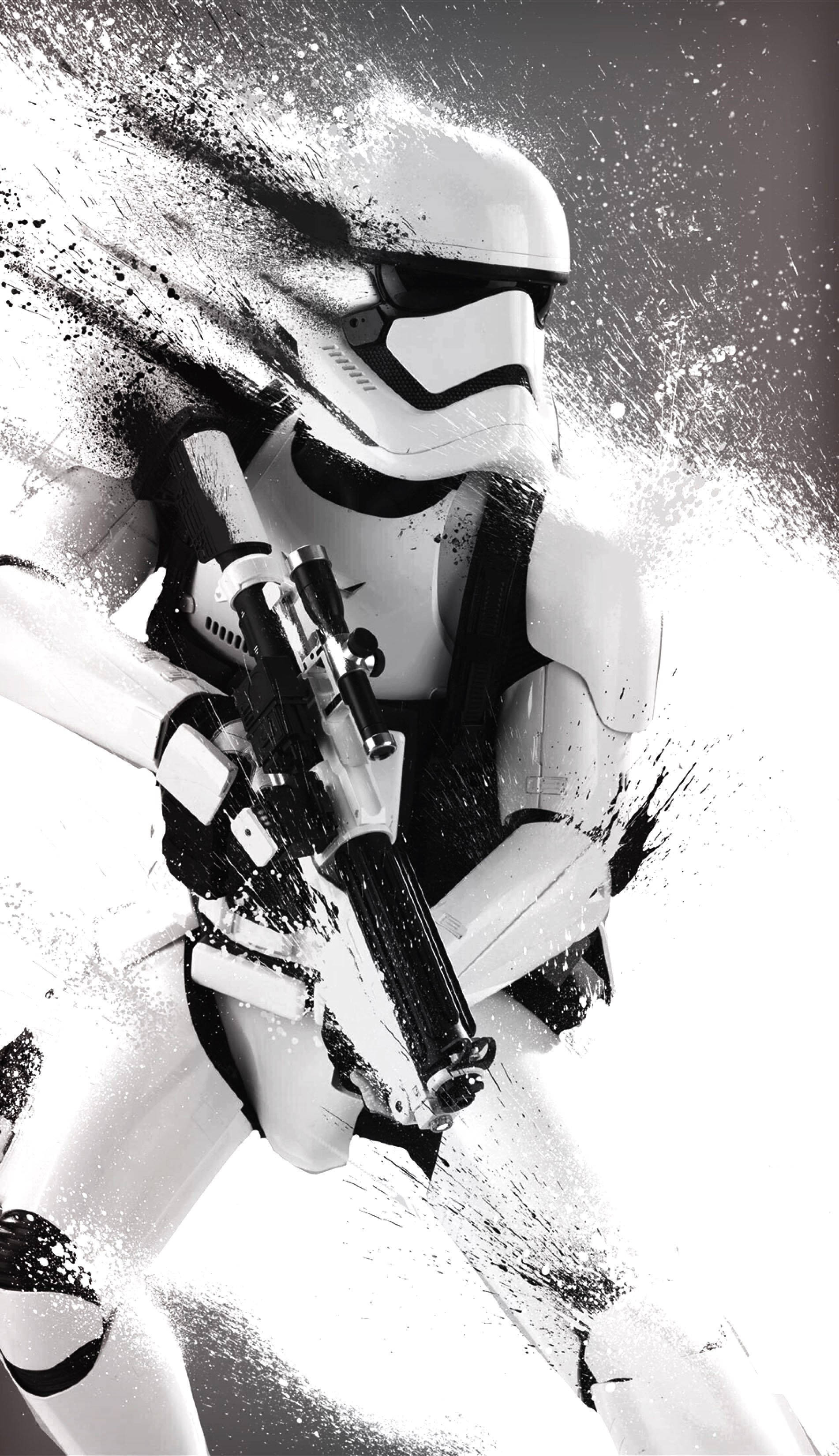 star wars iPhone 6 plus 桌布 壁紙 — 一個在動態動作中的風暴兵，帶有油漆飛濺效果，高對比黑白。