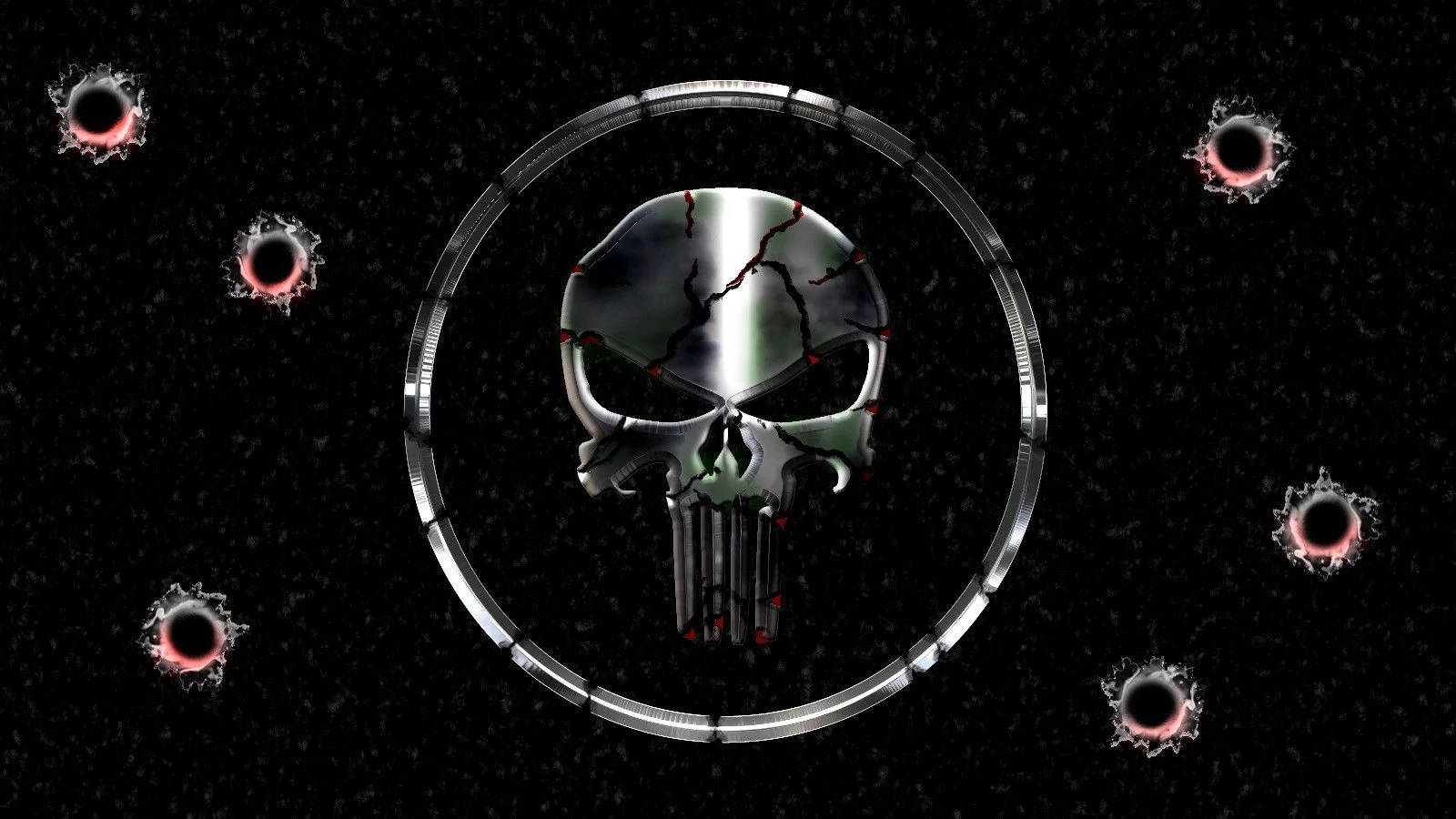 Punisher Logo 桌布 壁紙 — 一個在圓形框架內的金屬裂紋頭骨標誌，周圍有彈孔，背景為深色紋理。