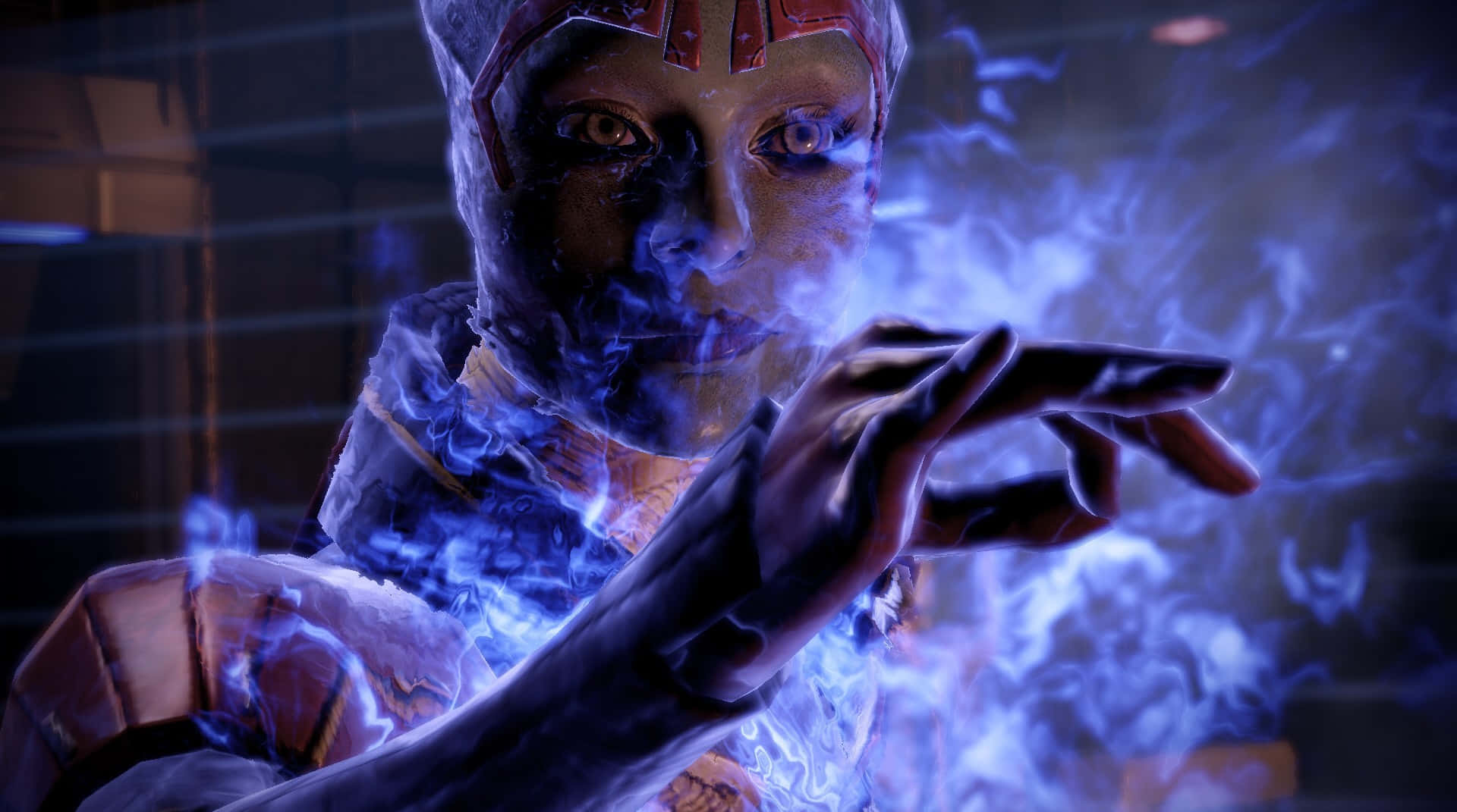Mass Effect Samara 桌布 壁紙 — 一個在昏暗未來房間中，擁有發光眼睛和藍色能量在伸出的手周圍旋轉的賽博格人形生物。