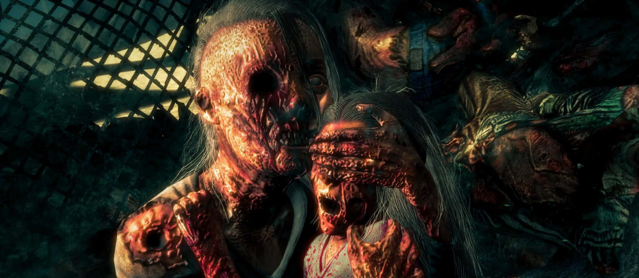 zombies 桌布 壁紙 — 一個在昏暗燈光下，腐爛殭屍人物露出肉和血的怪誕特寫。