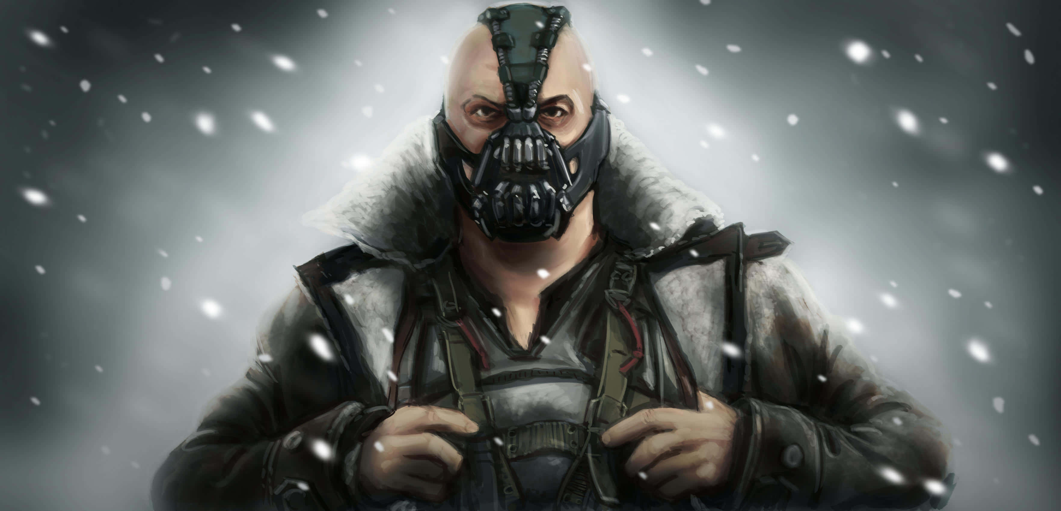 bane 桌布 壁紙 — 一個在暴風雪中的威脅人物戴著防毒面具和帶有毛領的厚重外套，雪花在他周圍飄落。