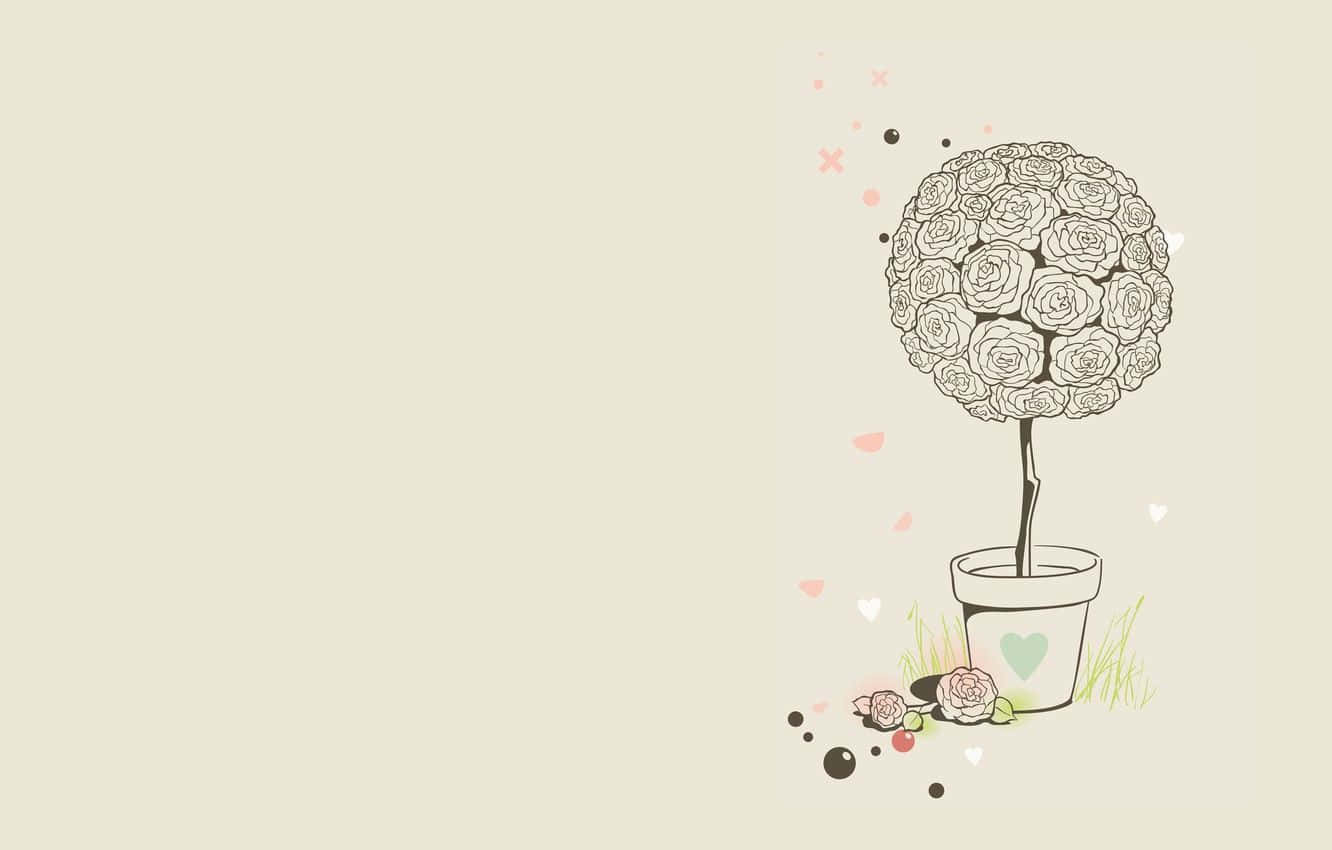 Minimalist Flower Computer 桌布 壁紙 — 一個在柔和米色背景上，帶有散落心形和花瓣的盆栽奇思妙想線條藝術玫瑰樹。