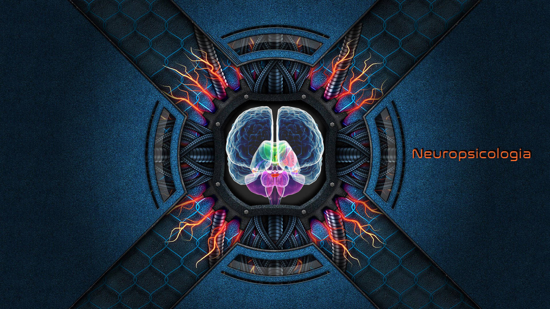Brain 桌布 壁紙 — 一個在機械十字架中發光的人類大腦，帶有電火花和六角形面板，背景為深藍色。