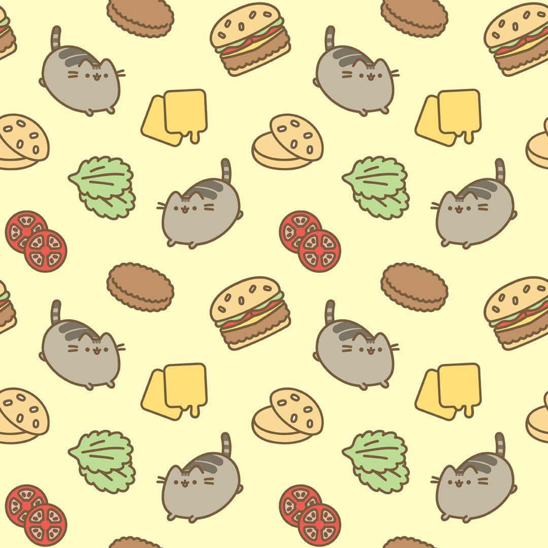 桌布 壁紙 — 一個在淡黃色背景上重複出現的 Pusheen 貓和食物圖案，充滿歡樂氣氛。