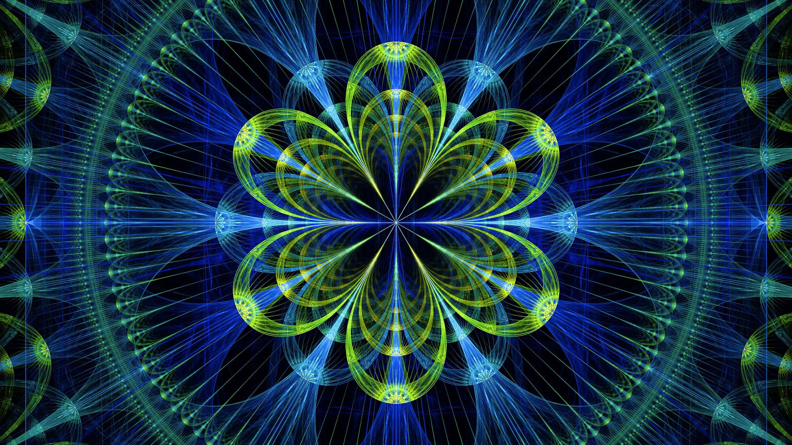 Psychedelic Fractals 桌布 壁紙 — 一個在深色背景上，帶有對稱發光花瓣和放射線的明亮藍綠色碎形曼陀羅。
