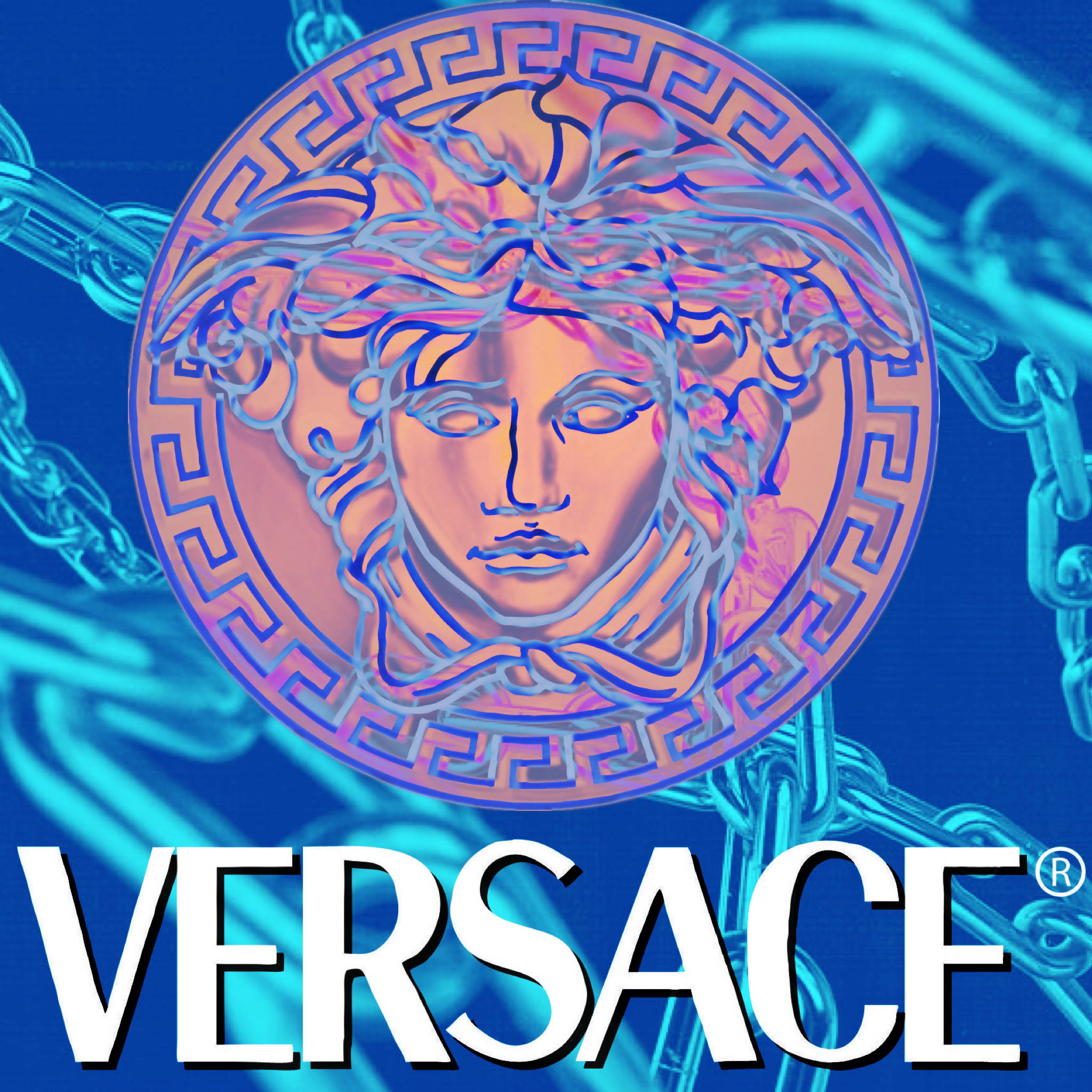 Logo Design 桌布 壁紙 — 一個在深藍色背景上帶有發光鏈條的霓虹燈美杜莎頭標誌，並展示 Versace 品牌名稱。