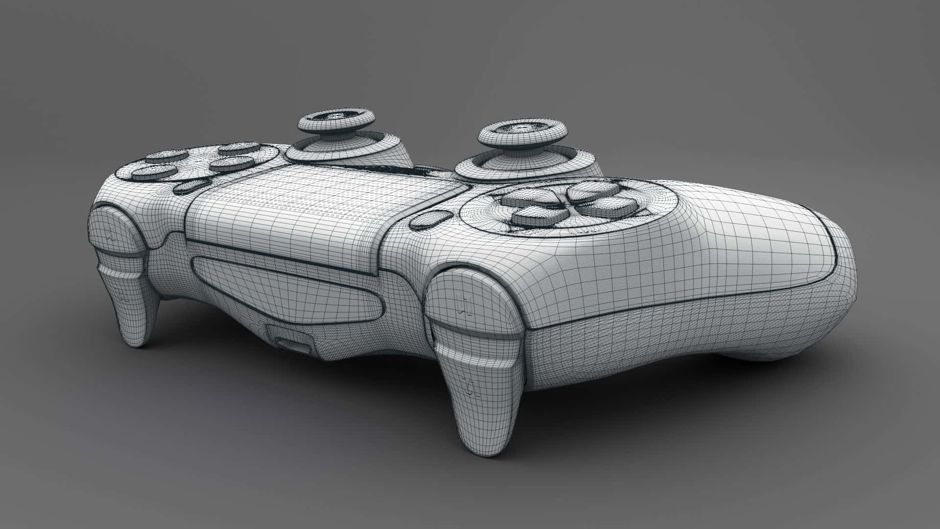 3d Modeling 桌布 壁紙 — 一個在灰色背景上以單色渲染並帶有網格線的遊戲控制器線框3D模型。