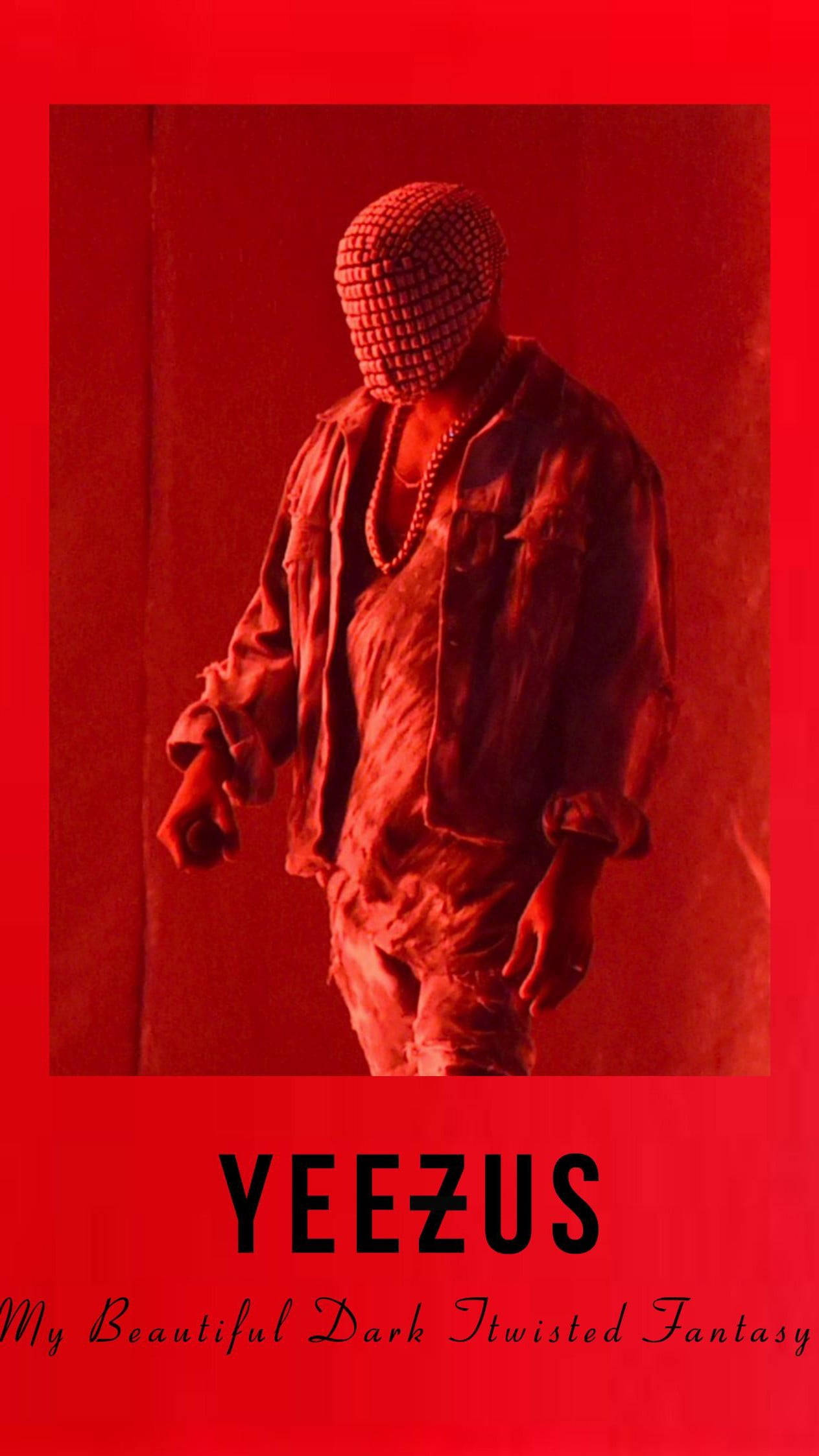 Kanye West Album Cover 桌布 壁紙 — 一個在紅光房間中的人物，在帶有專輯文字的粗體紅色框架下戴著網狀面具和珠子。