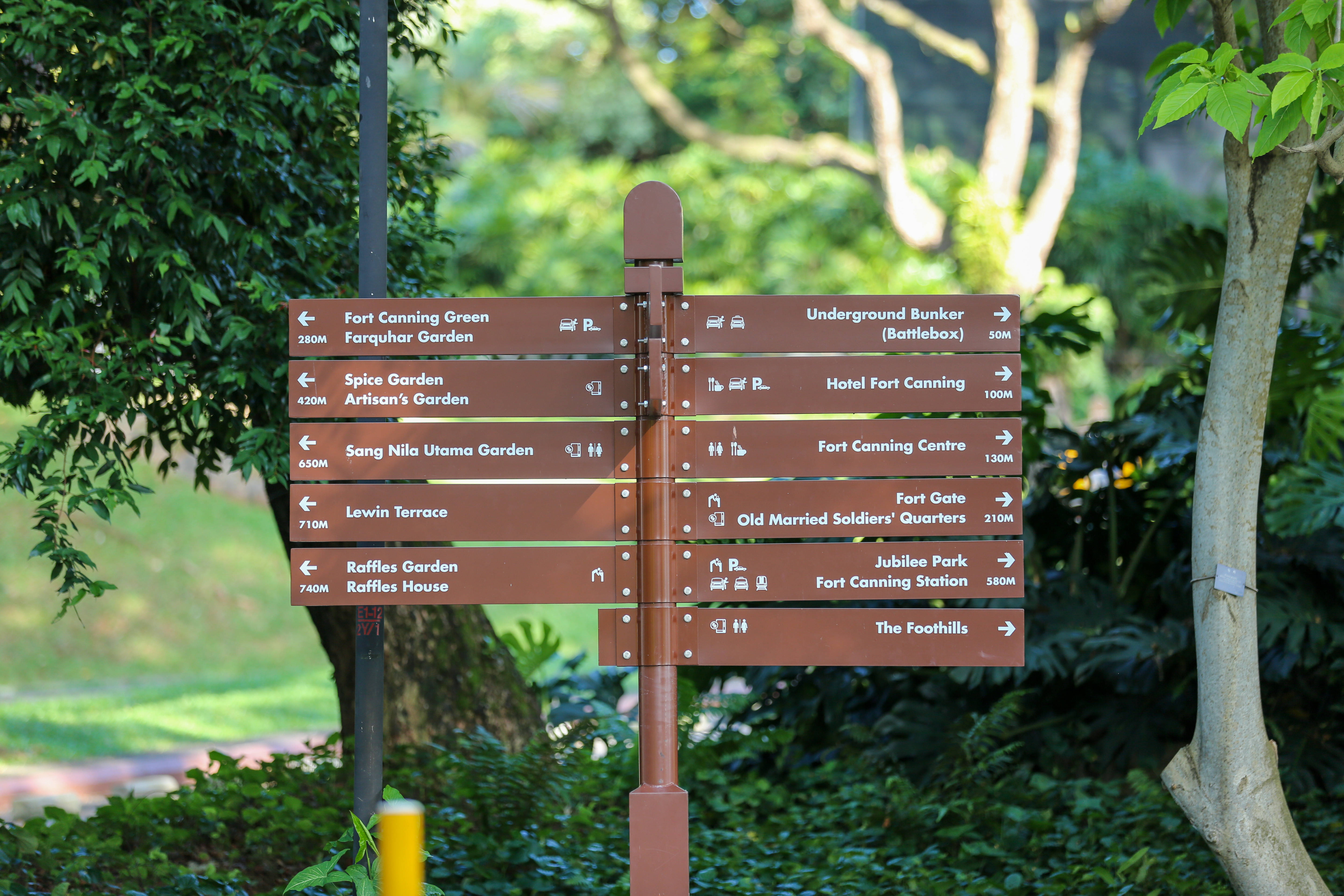 公園 桌布 壁紙 — 一個在茂密綠色公園中的棕色方向標誌，在斑駁的陽光下指向各種景點，如福康寧綠地和萊佛士花園。
