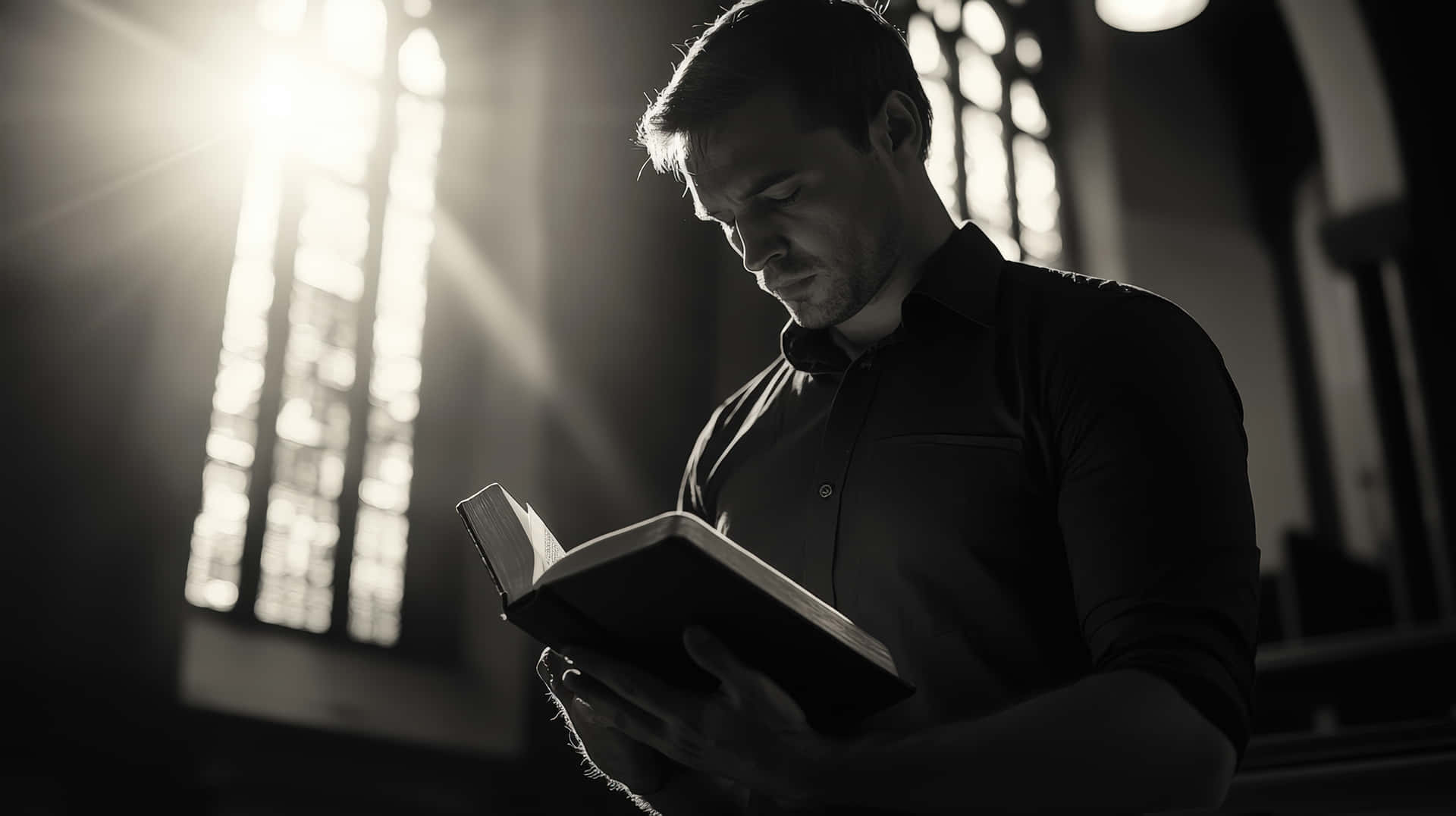 Black and White Portrait of a Man Reading a Book in a Church with Light Beams 壁紙 — 一個在陰影中的男人正在閱讀一本書，陽光從他身後高大的彩繪玻璃窗傾瀉而入。