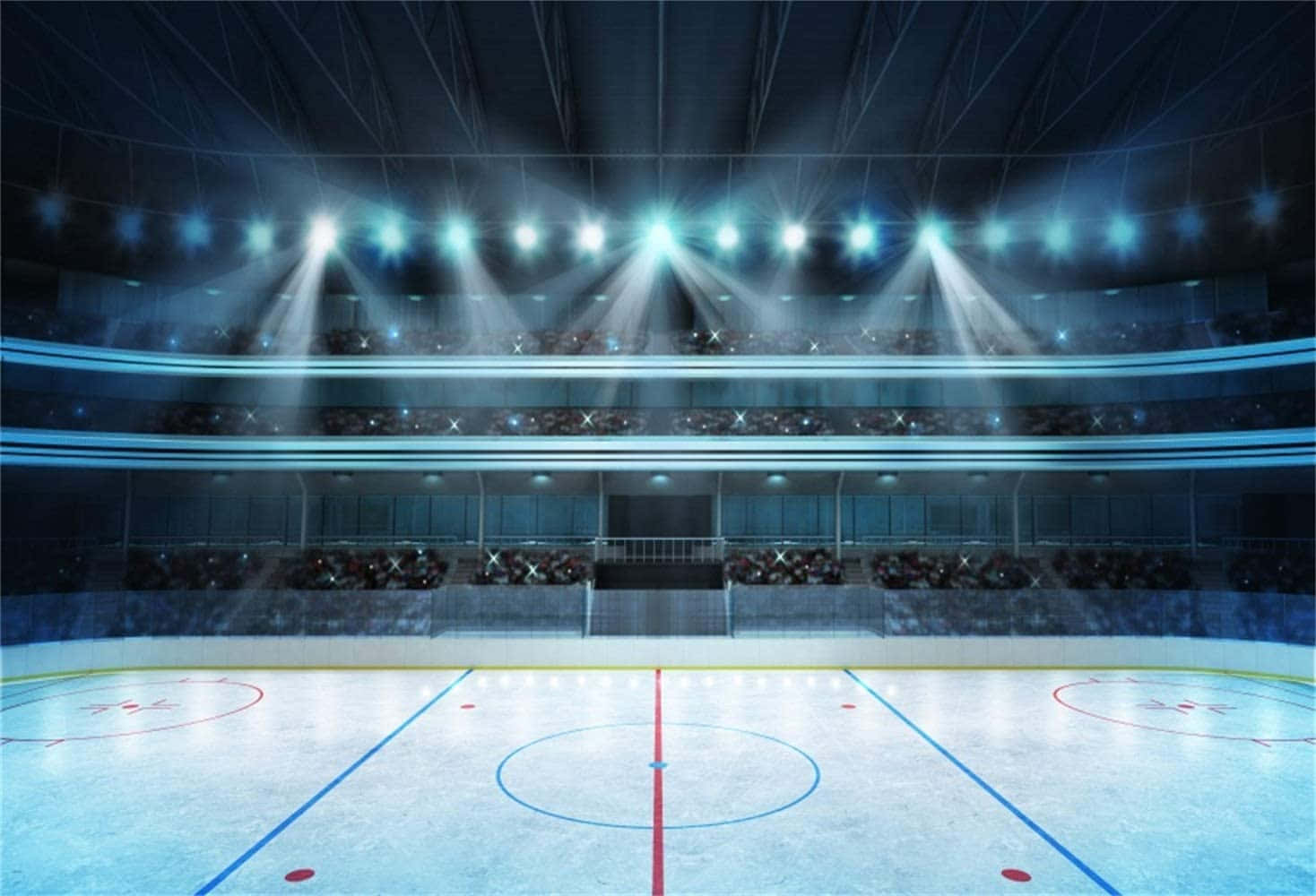 Ice Rink 桌布 壁紙 — 一個在體育場燈光下明亮照明的室內冰球場，空蕩的看台和清晰的藍色標記。