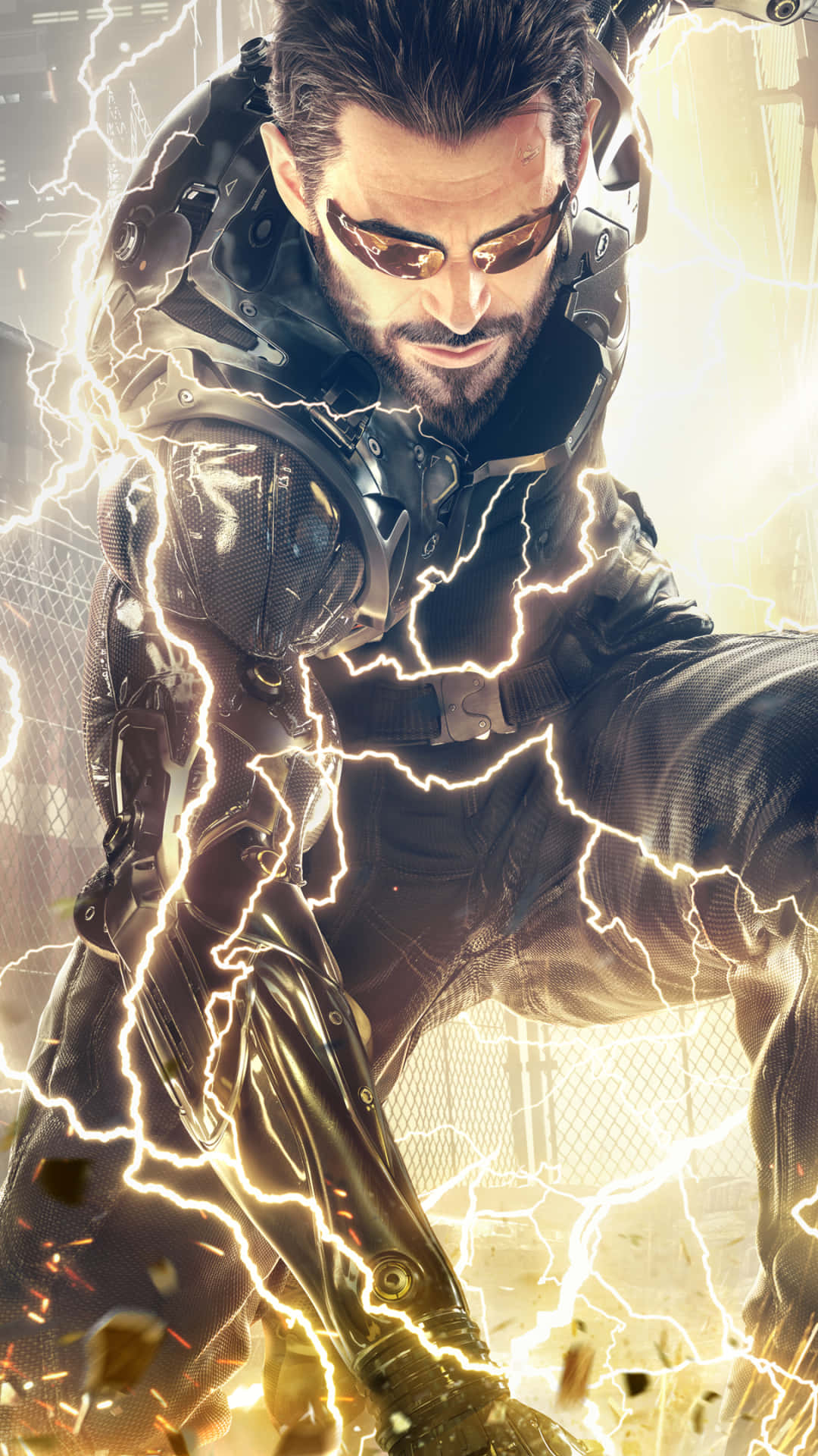 Android Deus Ex Mankind Divided 桌布 壁紙 — 一個在高科技城市環境中，裝甲身體周圍閃爍著發光閃電的賽博格戰士。