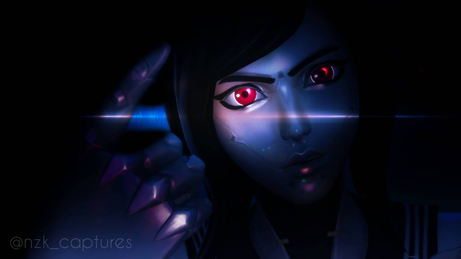 tsuki fortnite 桌布 壁紙 — 一個在黑暗中擁有發光紅眼和機械手的賽博龐克動漫女孩，指向一把發光的藍色刀刃。