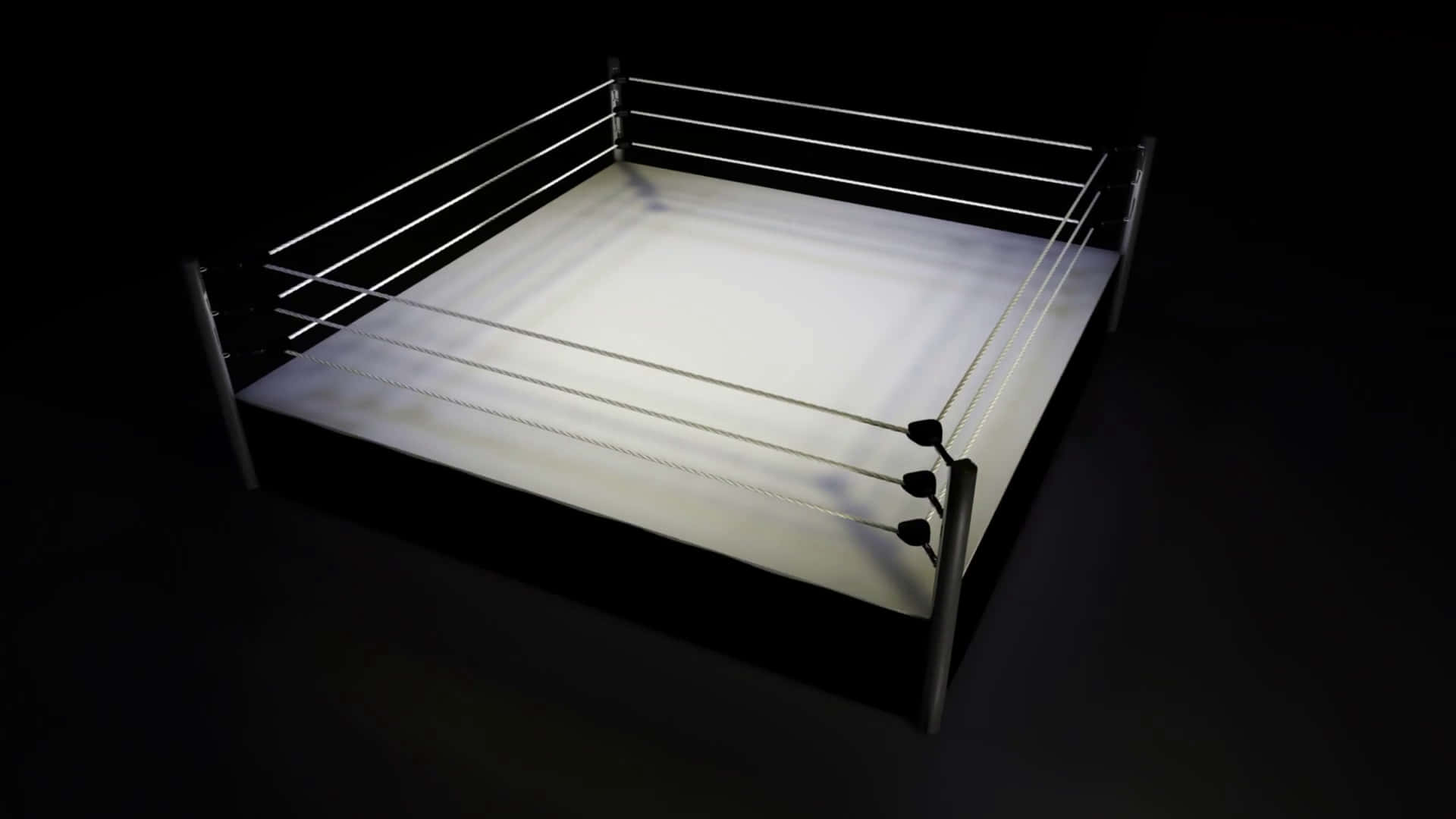 Wrestling Ring 桌布 壁紙 — 一個在黑暗中明亮照明的摔角擂台，白色繩索和帆布在聚光燈下發光。