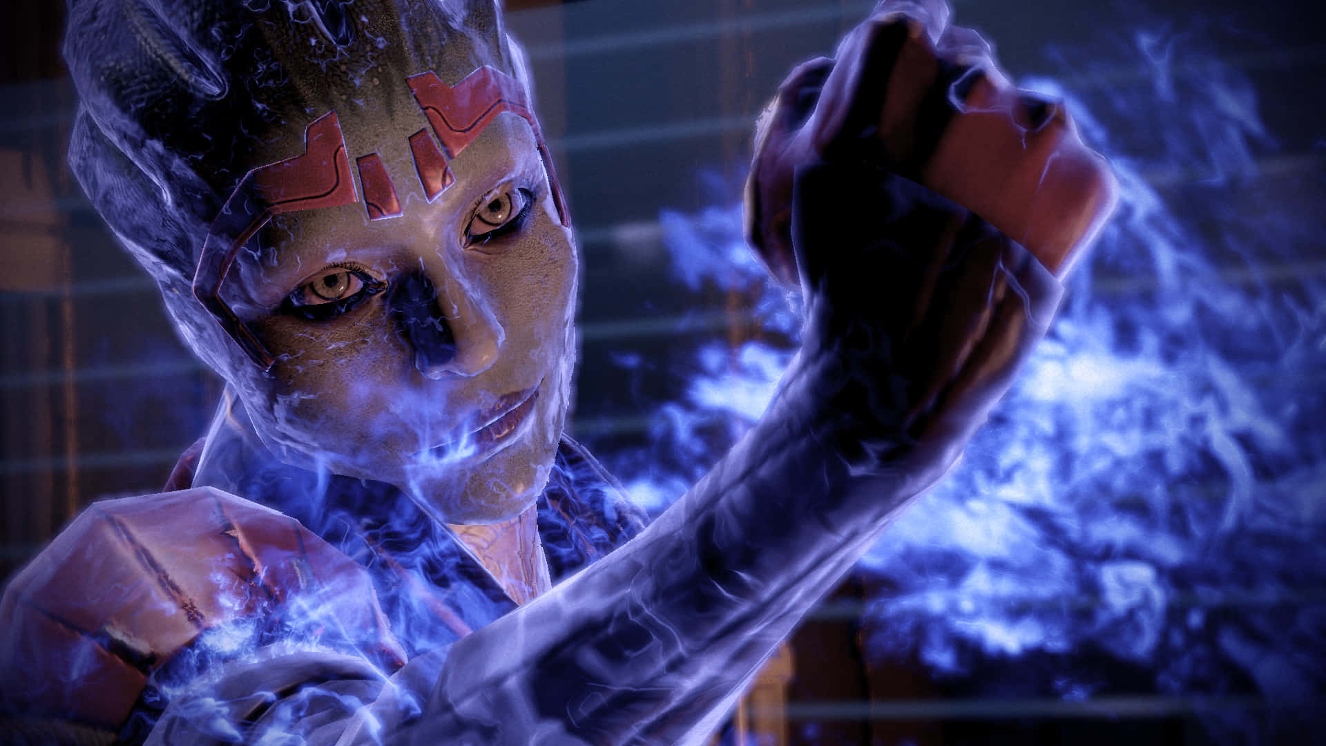 Mass Effect 2 桌布 壁紙 — 一個在黑暗未來設定中，舉起的拳頭周圍閃爍著藍色能量的生化戰士。