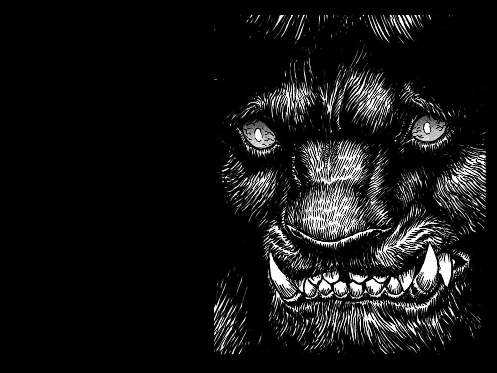 Berserk Manga 桌布 壁紙 — 一個在黑暗背景上，擁有發光眼睛和尖銳獠牙的野獸的威脅性黑白插圖。