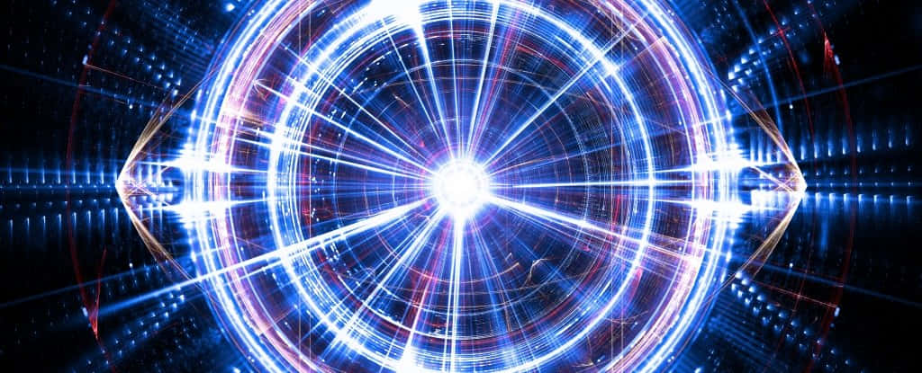 Quantum Realm 桌布 壁紙 — 一個在黑暗背景上帶有發光同心圓環和光線條紋的耀眼藍白數位漩渦。