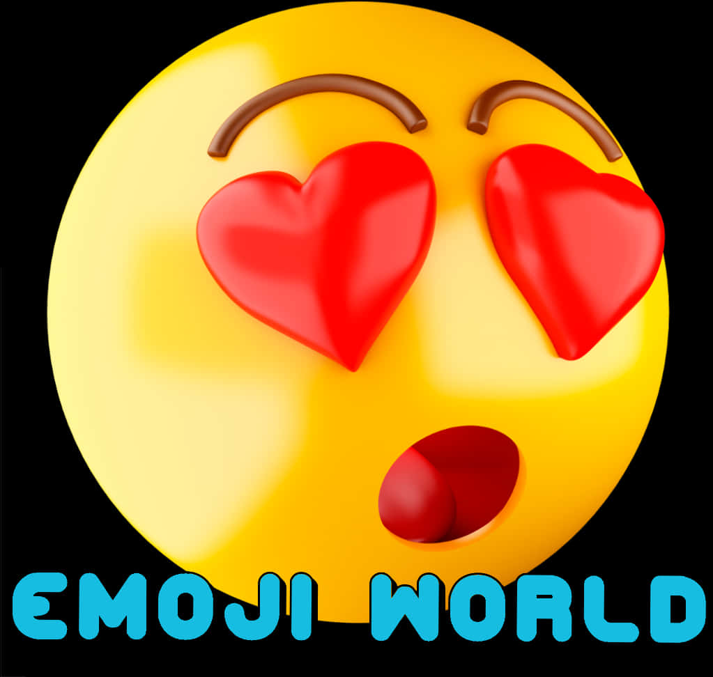 Love Emoji 桌布 壁紙 — 一個在黑色背景上、帶有心形眼睛和張開嘴巴的光澤3D渲染黃色表情符號。