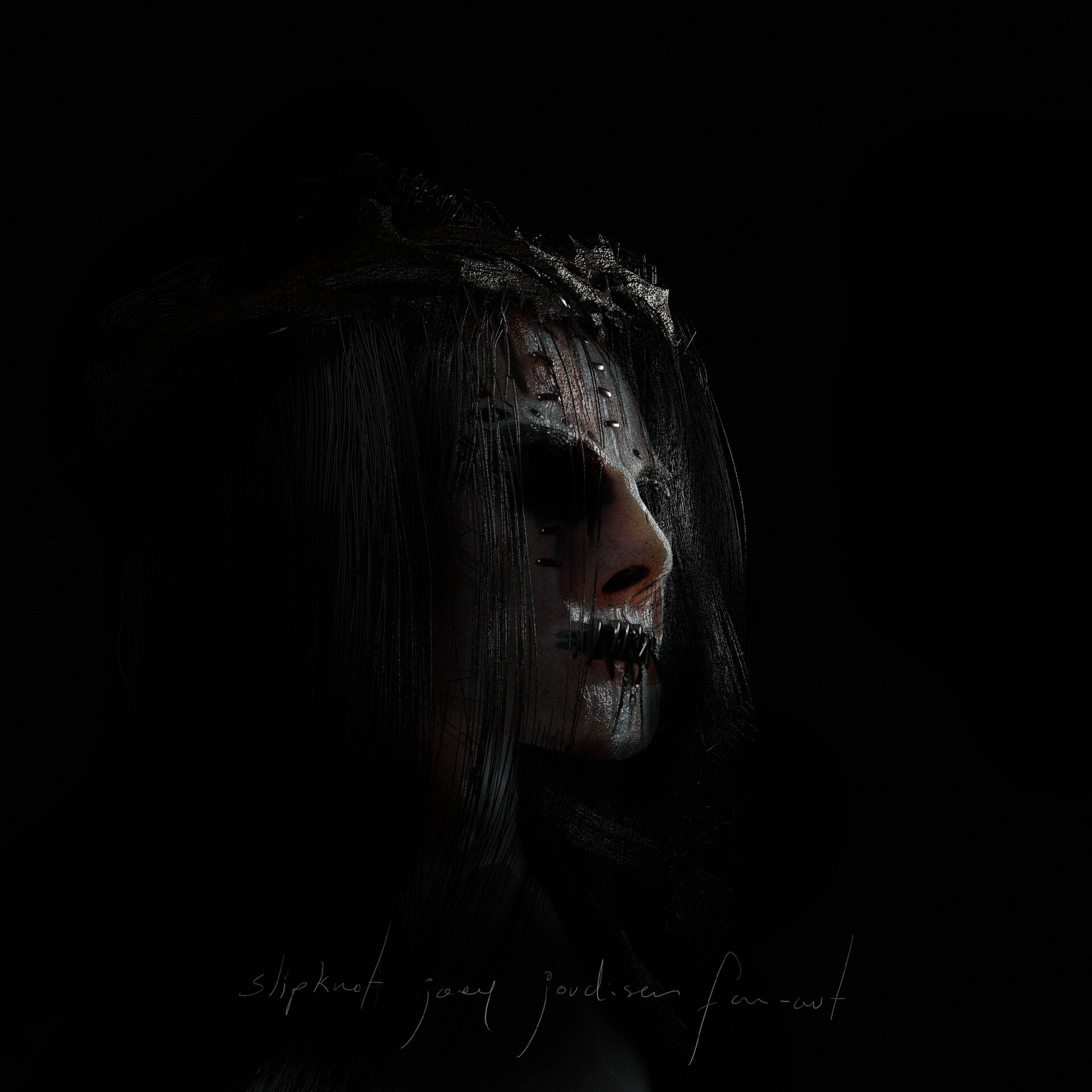 Joey Jordison 桌布 壁紙 — 一個在黑色背景下，擁有深色頭髮和金屬面部植入物的人，其輪廓被詭異地照亮。