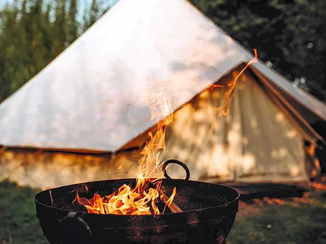 Fall Camping 桌布 壁紙 — 一個在黑色金屬烤架中熊熊燃燒的營火，將溫暖的光芒投射在森林空地上的一個白色鐘形帳篷上。