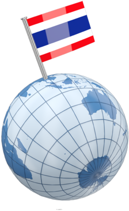 Globe Map 桌布 壁紙 — 一個地球儀，表面插著泰國國旗圖釘，背景為黑色。
