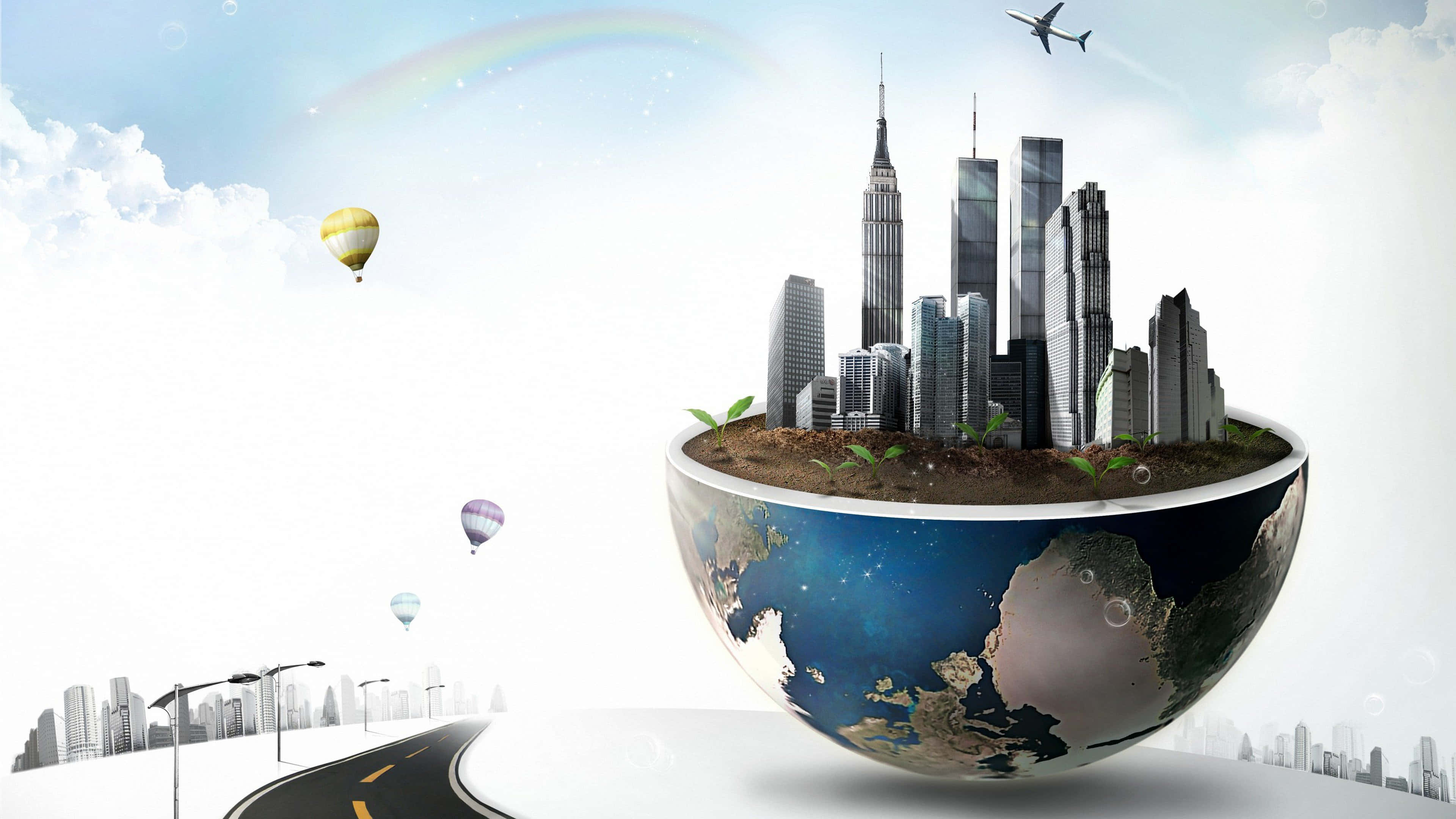 Future City 桌布 壁紙 — 一個地球儀碗內包含一個微型城市景觀，有摩天大樓和發芽的綠色植物，在彩虹天空下，有熱氣球和飛機。
