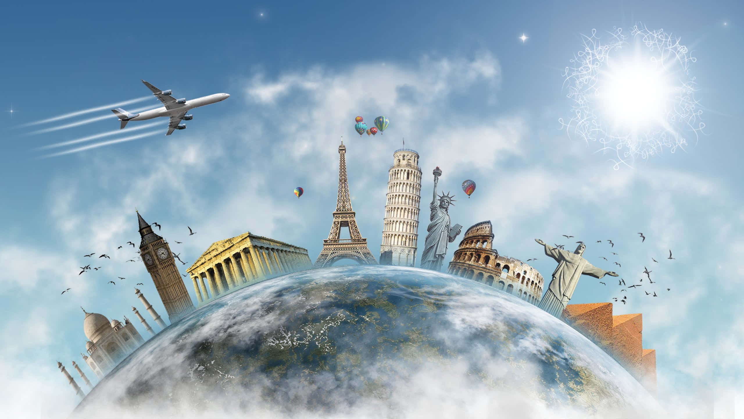Traveling 桌布 壁紙 — 一個地球儀頂著標誌性的全球地標，在明亮的藍天下，有飛機和熱氣球在上空翱翔。