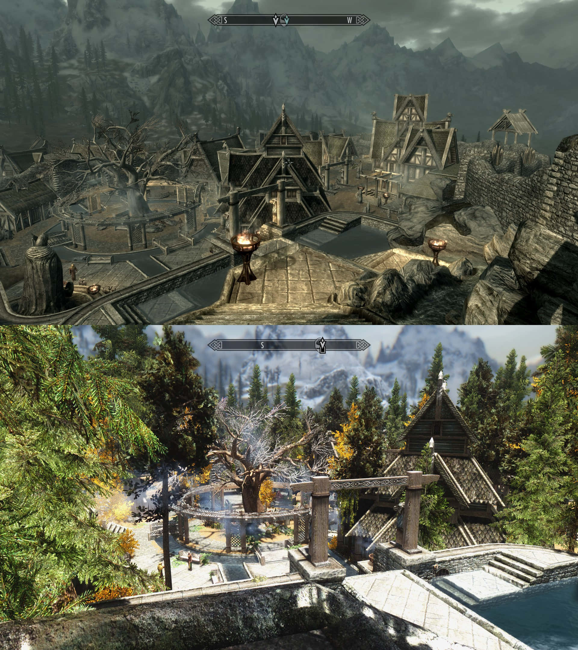 Skyrim Whiterun 桌布 壁紙 — 一個坐落在霧氣繚繞山中的中世紀奇幻村莊，擁有石頭建築和中央庭院。