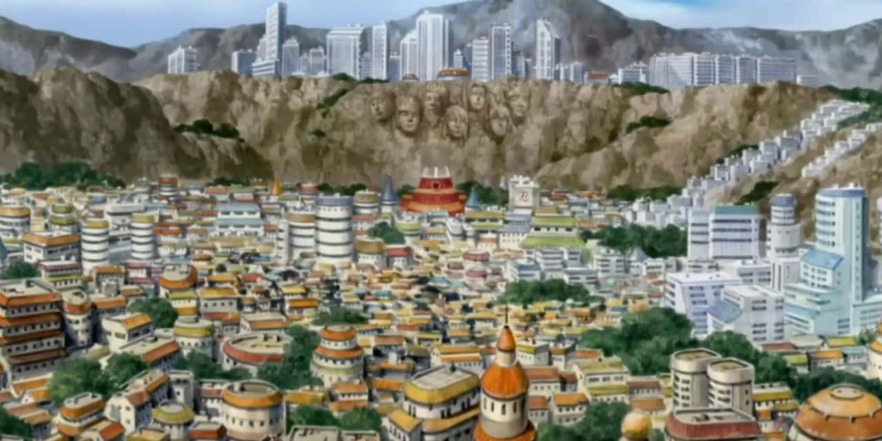 Naruto Village 桌布 壁紙 — 一個坐落於山谷中的廣闊動漫城市，現代摩天大樓在裝飾著巨大雕刻面孔的懸崖後方崛起。