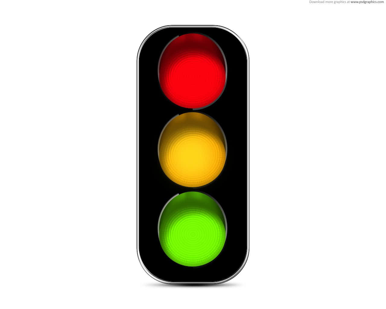 Stop Light 桌布 壁紙 — 一個垂直交通號誌，紅色、黃色和綠色圓形燈光在純白色背景上發光。