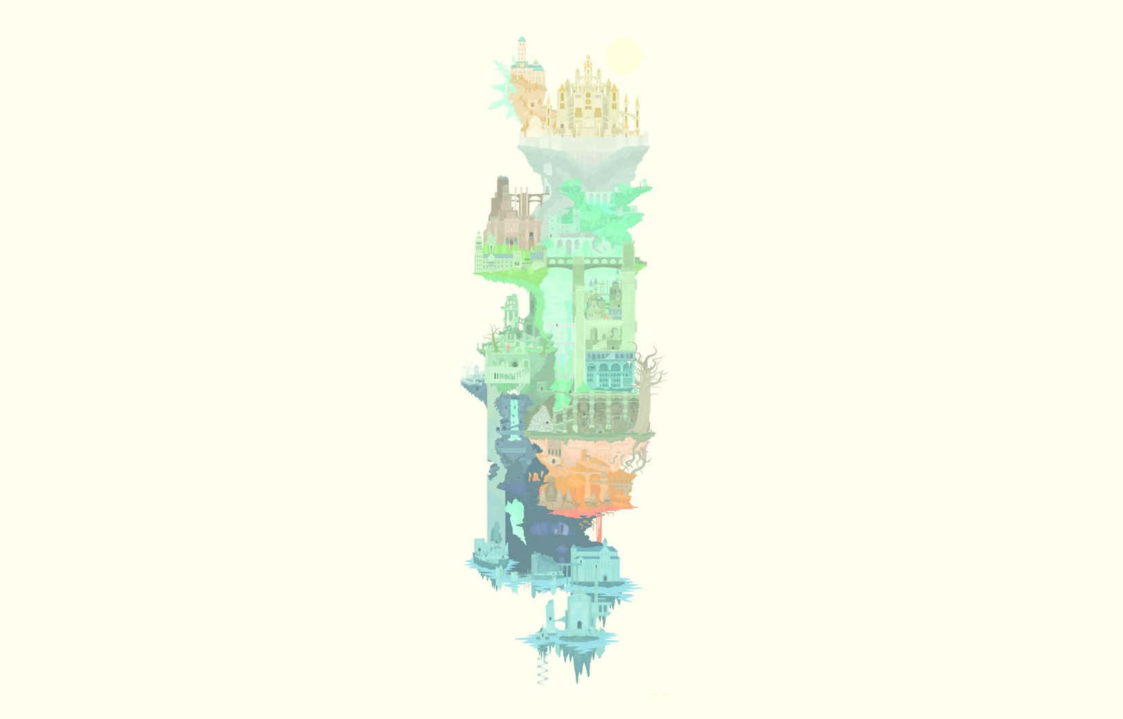Dark Souls Map 桌布 壁紙 — 一個垂直堆疊的幻想世界，擁有浮空島嶼和發光結構，採用柔和粉彩調。