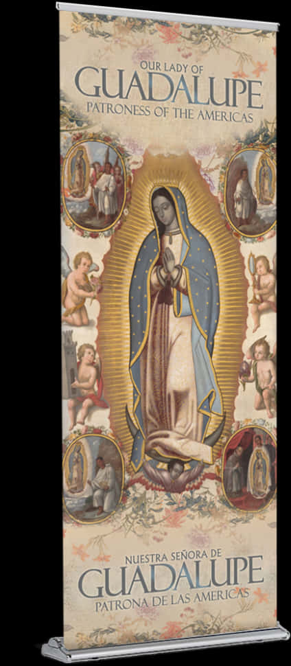 Virgin Mary 桌布 壁紙 — 一個垂直方向的橫幅描繪了瓜達盧佩聖母，身穿藍色斗篷，散發金色光芒，周圍有天使和宗教場景。