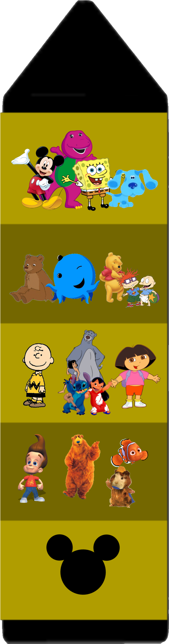 Blues Clues 桌布 壁紙 — 一個垂直橫幅，以芥末黃色背景為底，將米奇老鼠、海綿寶寶和愛探險的朵拉等標誌性卡通人物排列成彩色橫條。