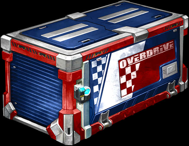 遊戲 桌布 壁紙 — 一個堅固的藍色、紅色和銀色賽車箱，標有 overdrive，帶有方格旗圖案，背景為黑色。