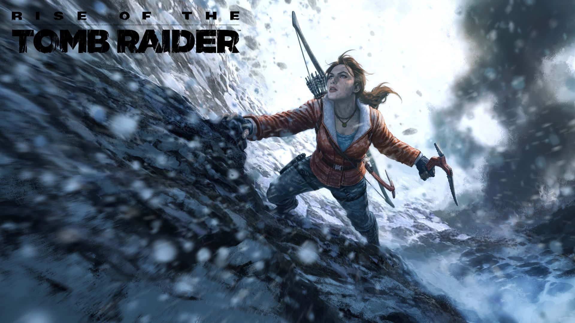 Lara Croft 桌布 壁紙 — 一個堅定的 Lara Croft 在《Rise of the Tomb Raider》的暴風雪山場景中，用冰斧和弓爬上積雪的懸崖面。